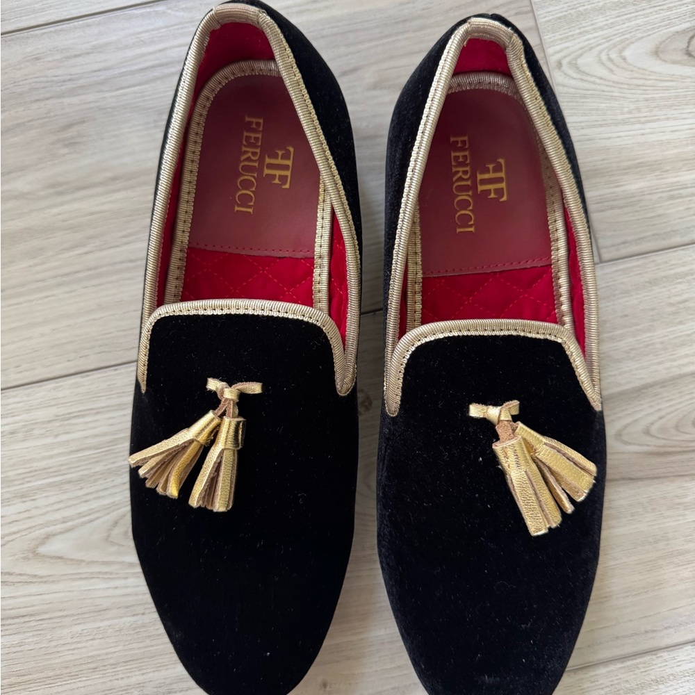 FERUCCI BLACK VELVET WITH GOLD TASSEL LOAFER SIZE 11 PROM WEDDING SHOES